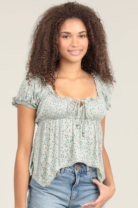 Lace Trim Ditsy Print Blouse