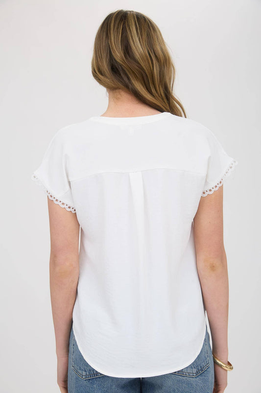 SCALLOP LACE TRIM SHORT SLEEVE HENLEY TOP - Southern Sassy Boutique