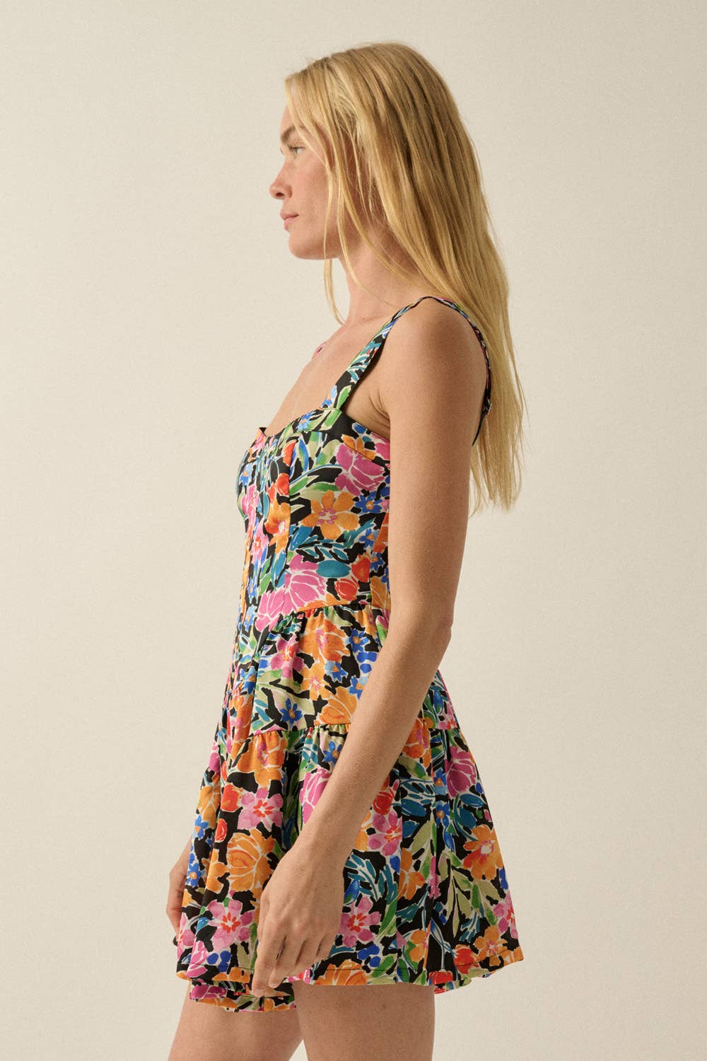 Floral Satin Sleeveless Sweetheart Tiered Ruffle Romper