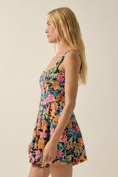 Floral Satin Sleeveless Sweetheart Tiered Ruffle Romper