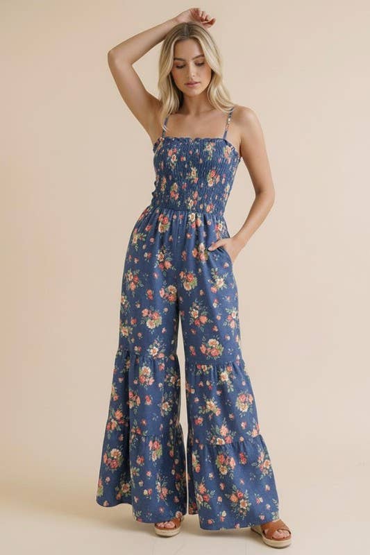 Strap Shoulder Smocking Floral Jumpsuit