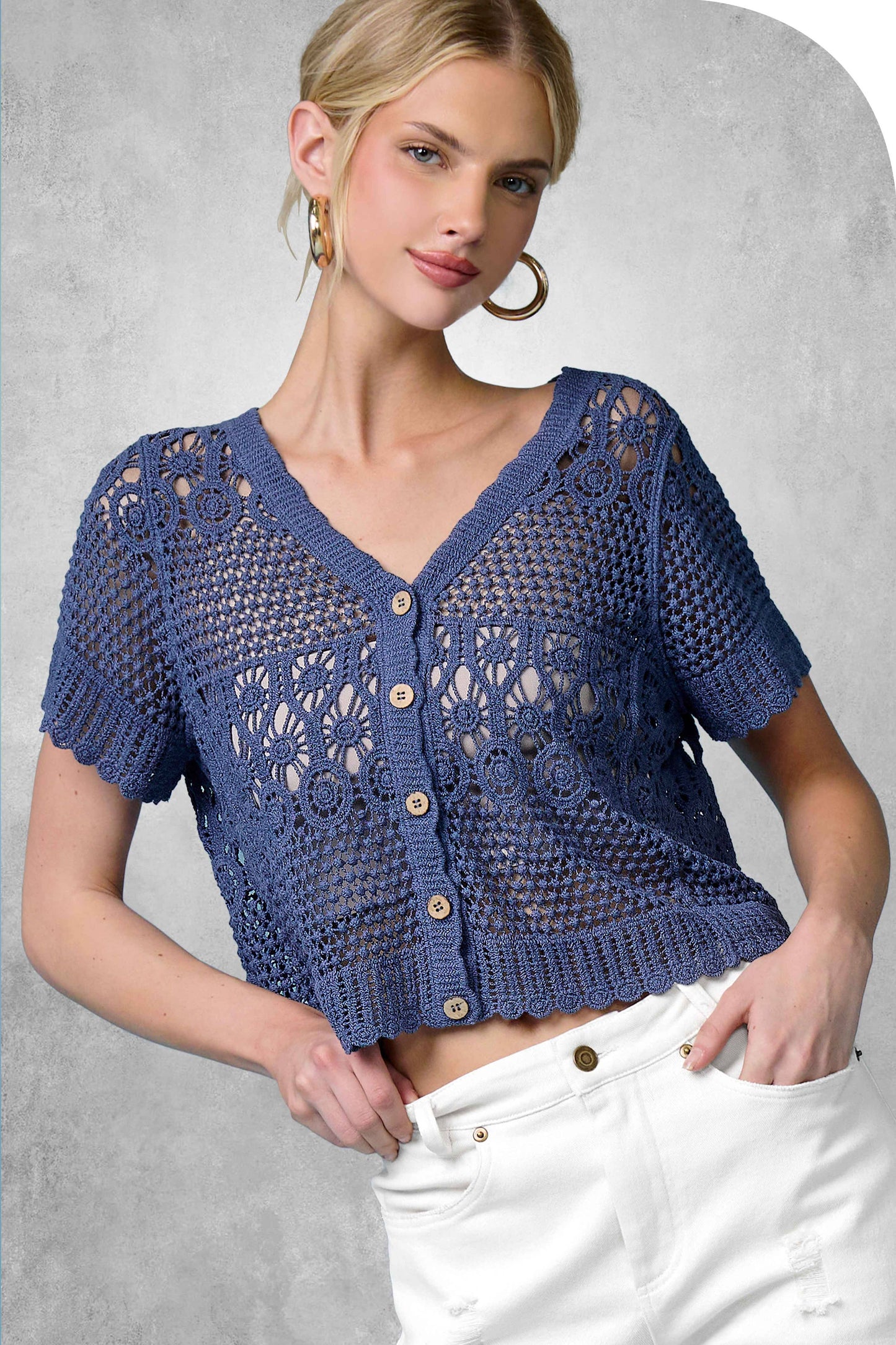 Open Knit Scallop Edge Button Down Cardigan