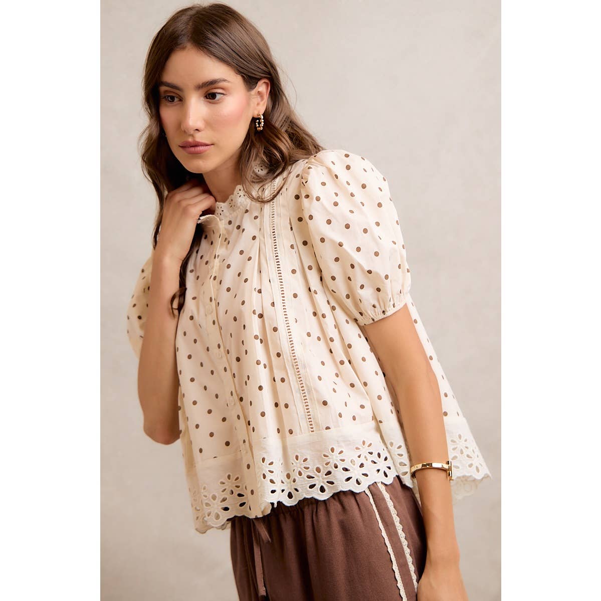 Polka Dot Cotton Lace Trim Blouse