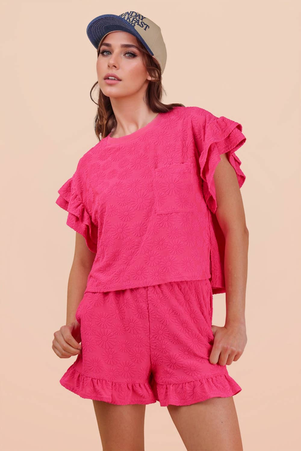 Curvy Floral Textured Knit Top & Shorts Set