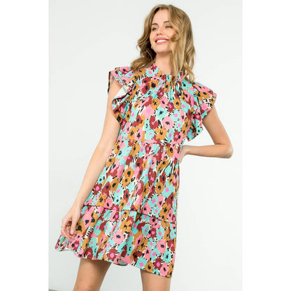 Flutter Sleeve Tiered Print Dress