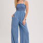DENIM SMOCKED STRAP WIDE LEG JUMPSUIT