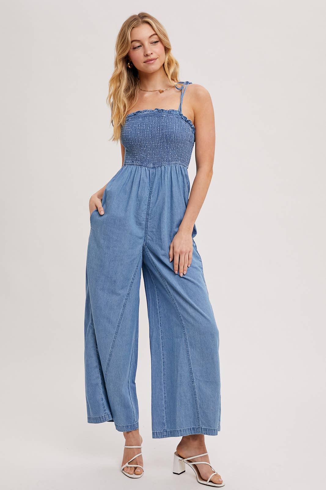 DENIM SMOCKED STRAP WIDE LEG JUMPSUIT