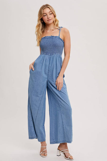 DENIM SMOCKED STRAP WIDE LEG JUMPSUIT - Southern Sassy Boutique