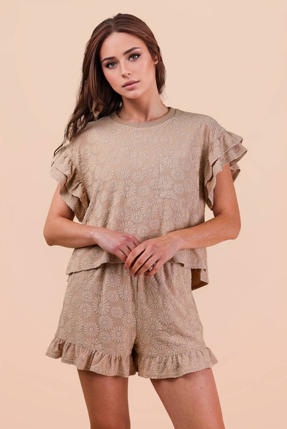 Curvy Floral Textured Knit Top & Shorts Set