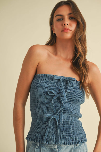 FRONT BOW DETAILED DENIM SMOCKED STRAPLESS TOP
