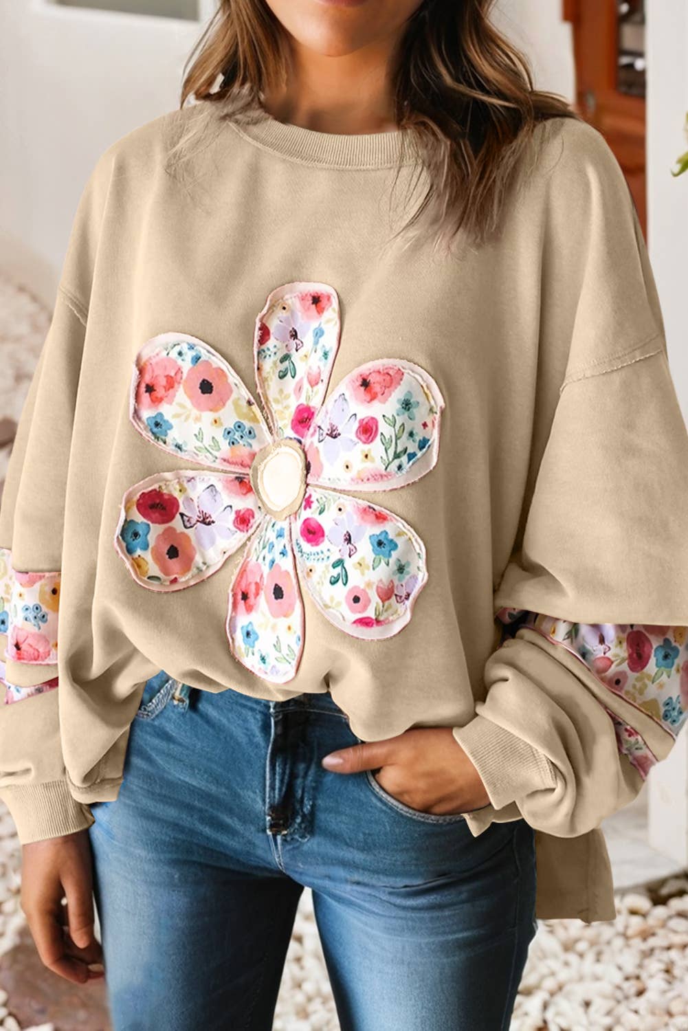 Rose Floral Applique Pullover Sweatshirt