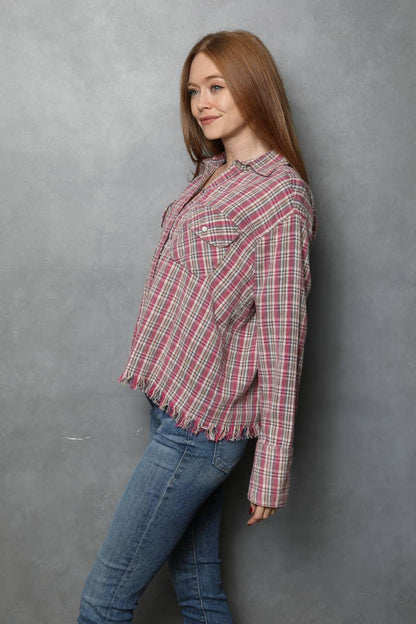 PLAID BUTTON FRONT SHIRT WITH FRAYED HEM - Southern Sassy Boutique