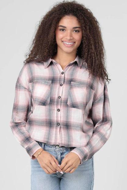 PLAID CROP LENGTH BUTTON FRONT SHIRT - Southern Sassy Boutique