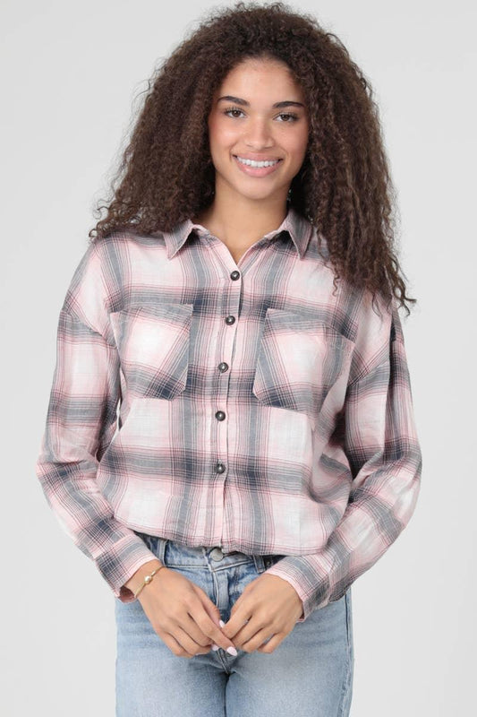 PLAID CROP LENGTH BUTTON FRONT SHIRT - Southern Sassy Boutique