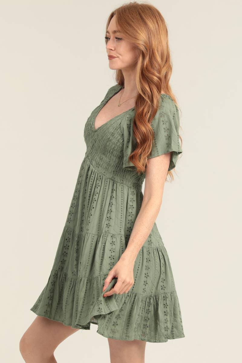 V NECK SMOCKED BODICE EYELET EMBROIDERED DRESS - Southern Sassy Boutique