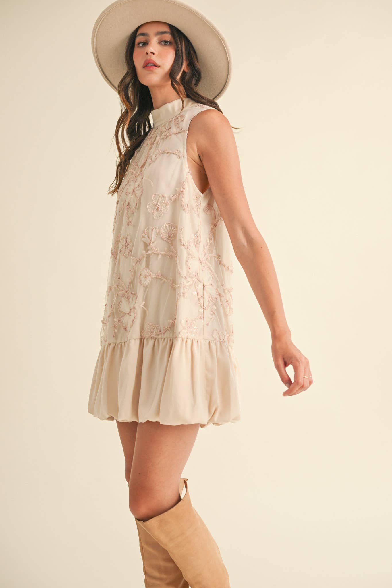 BUBBLE HEM EMBELLISHED MIXED MEDIA MINI DRESS
