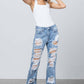 High Rise Heavy Destroyed Frayed Hem Straight Jeans