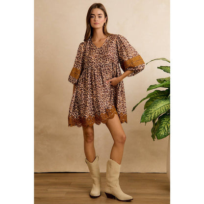 Leopard V-Neck Dress with Lace Trim