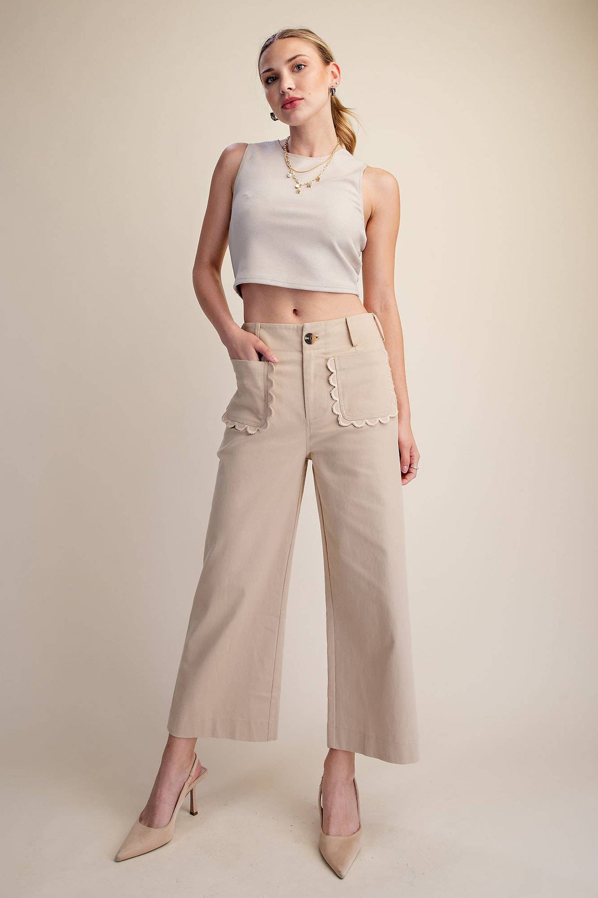 Colette Cropped Scallop Pocket Detail Wide-Leg Pants