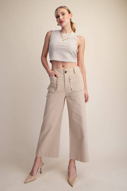 Colette Cropped Scallop Pocket Detail Wide-Leg Pants