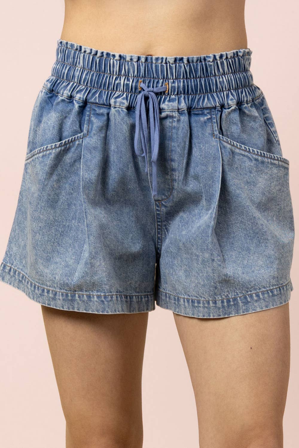 Curvy Elastic Waist Washed Chambray Shorts