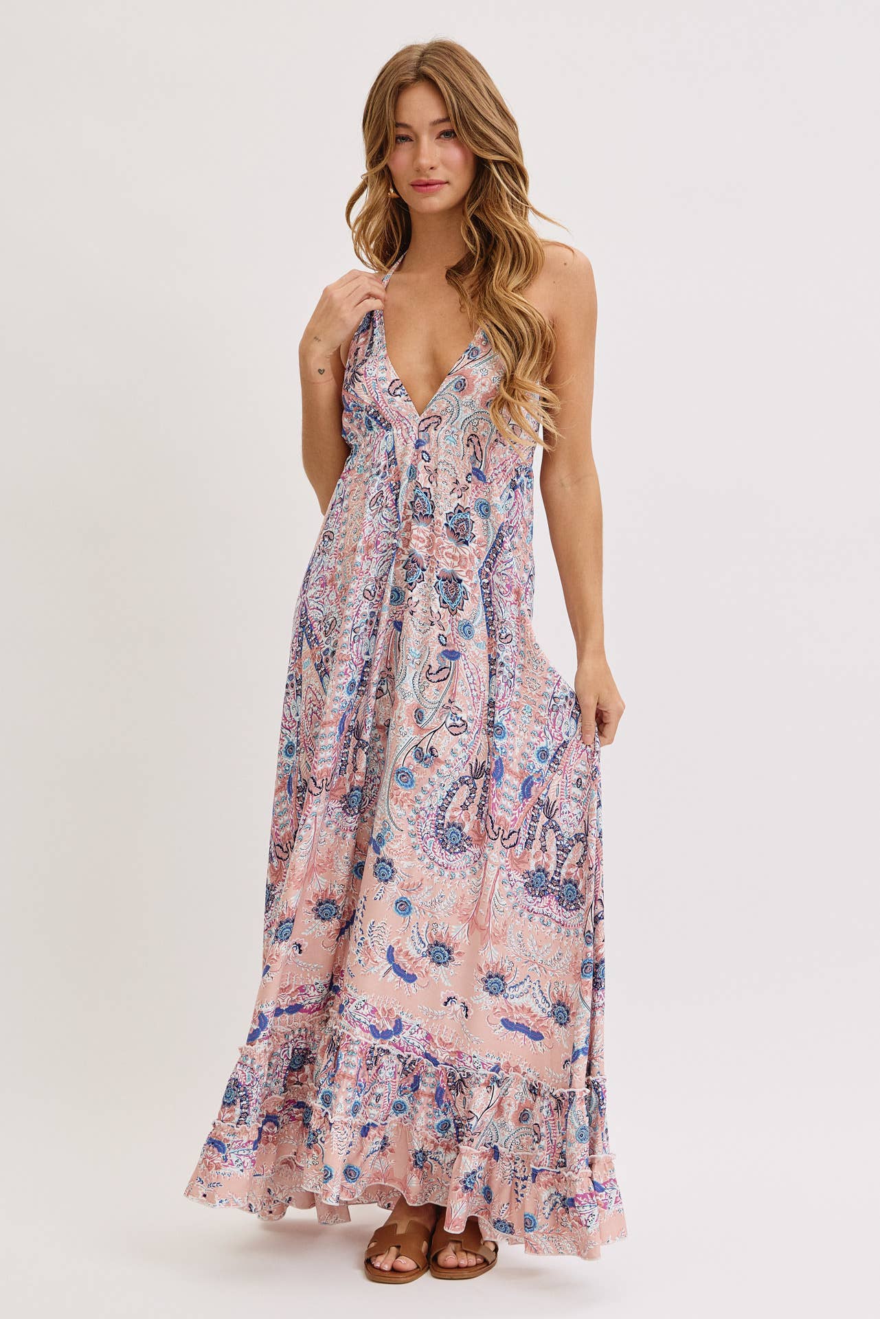 Bohemian Floral Print Halter Maxi Dress