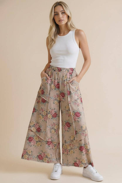 Elastic Waist Wide Leg Vintage Floral Pant