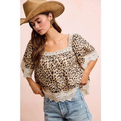 Leopard & Lace Square Neck Blouse
