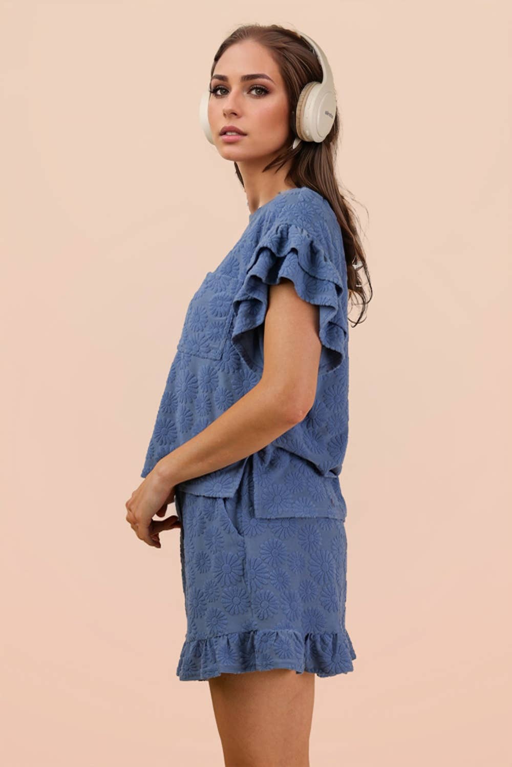 Curvy Floral Textured Knit Top & Shorts Set