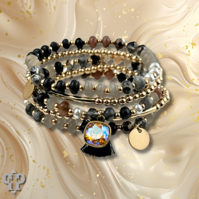 Tones of brown, pearl and gold tone bracelet stack, Austrian crystal