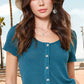 Stretchy Brushed Waffle Knit Short Sleeve Button Top