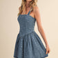 STAR PRINTED DENIM FLARED MINI DRESS