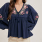 FLORAL EMBROIDERY BUBBLE SLEEVED BABYDOLL TOP