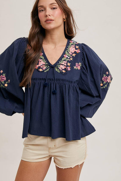 FLORAL EMBROIDERY BUBBLE SLEEVED BABYDOLL TOP - Southern Sassy Boutique