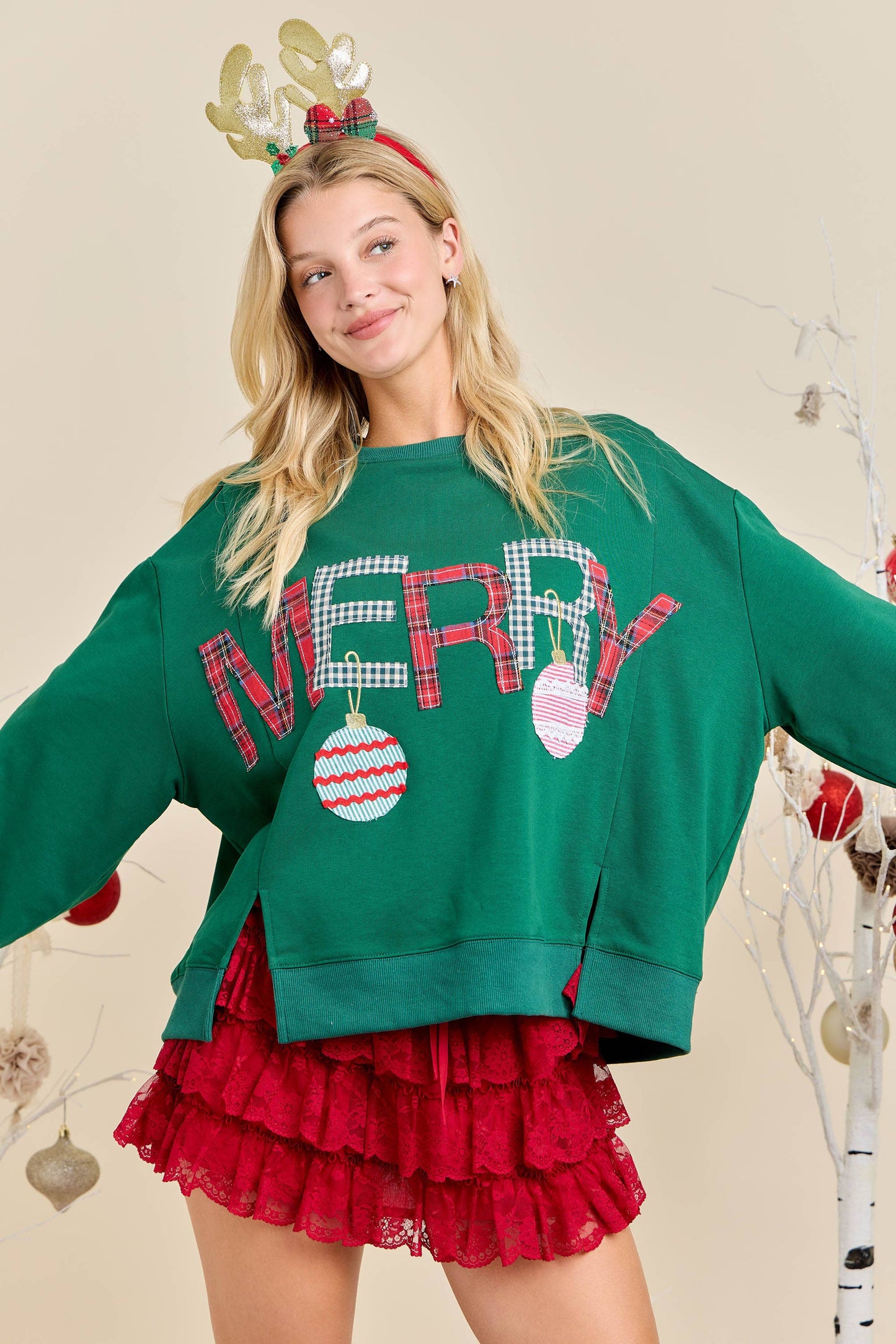 Merry With Ornament Patchwork Oversized Long Sleeve Top - Southern Sassy Boutique