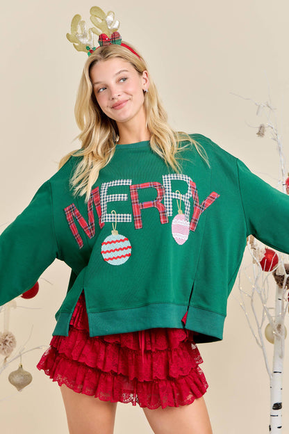 Merry With Ornament Patchwork Oversized Long Sleeve Top - Southern Sassy Boutique