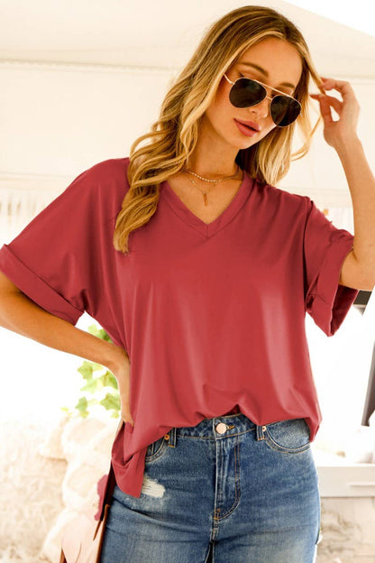 Short Roll-Up V-Neck Casual Knit Top