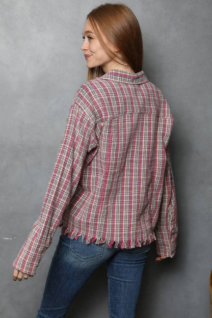 PLAID BUTTON FRONT SHIRT WITH FRAYED HEM - Southern Sassy Boutique