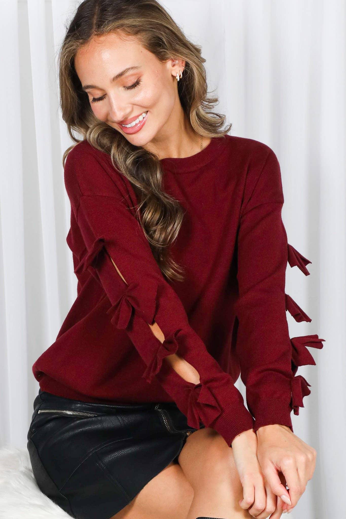 Bow Embellished Long-Sleeve Crew Neck Knit Sweater VT82605- - Southern Sassy Boutique