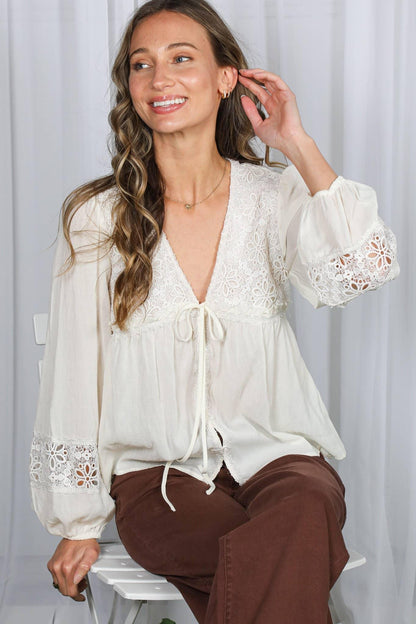 Eyelet Lace Tie Front V-Neck Long Puff Blouse Top - Southern Sassy Boutique