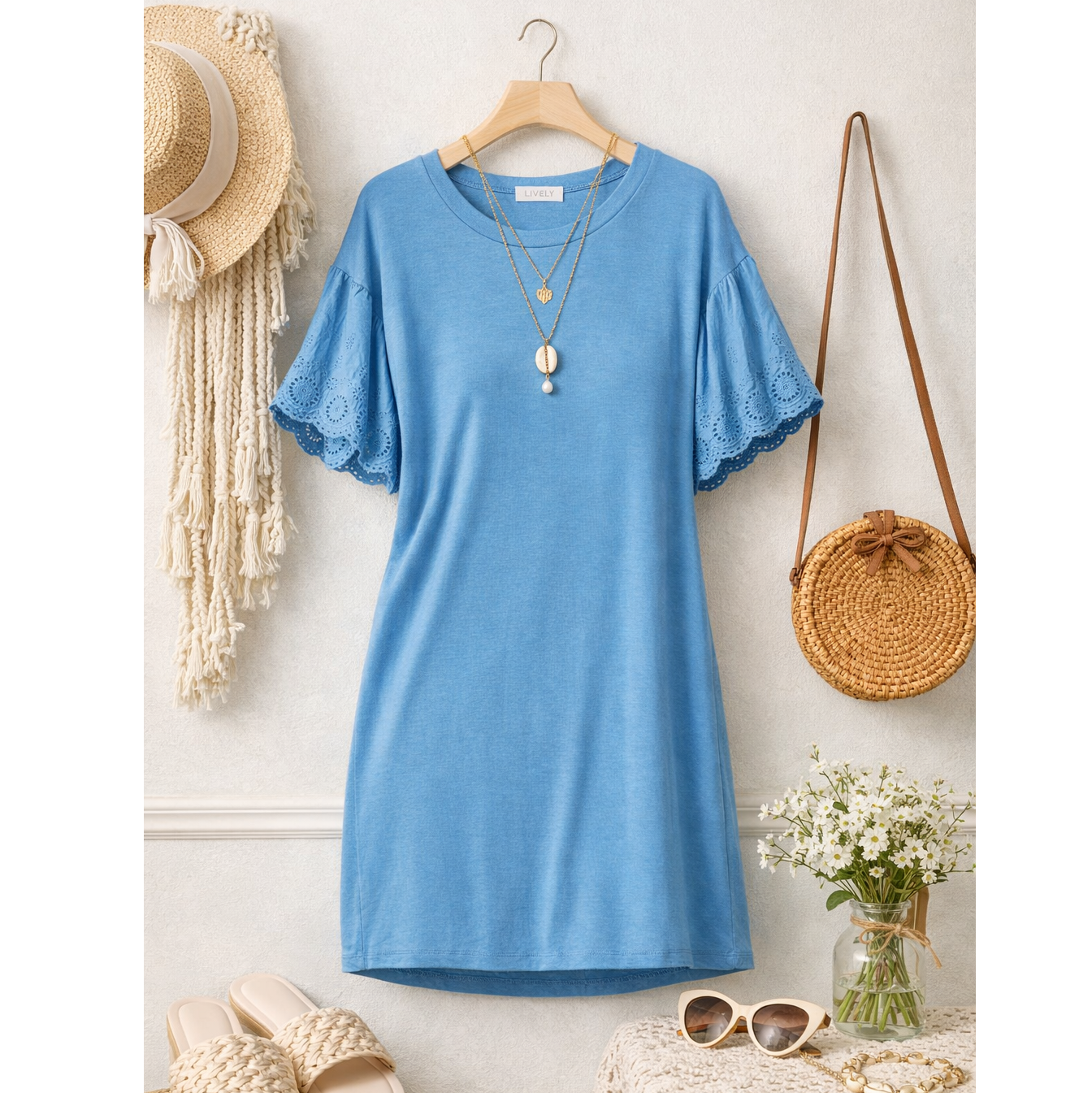 Eyelet Ruffle Sleeve Mini Dress