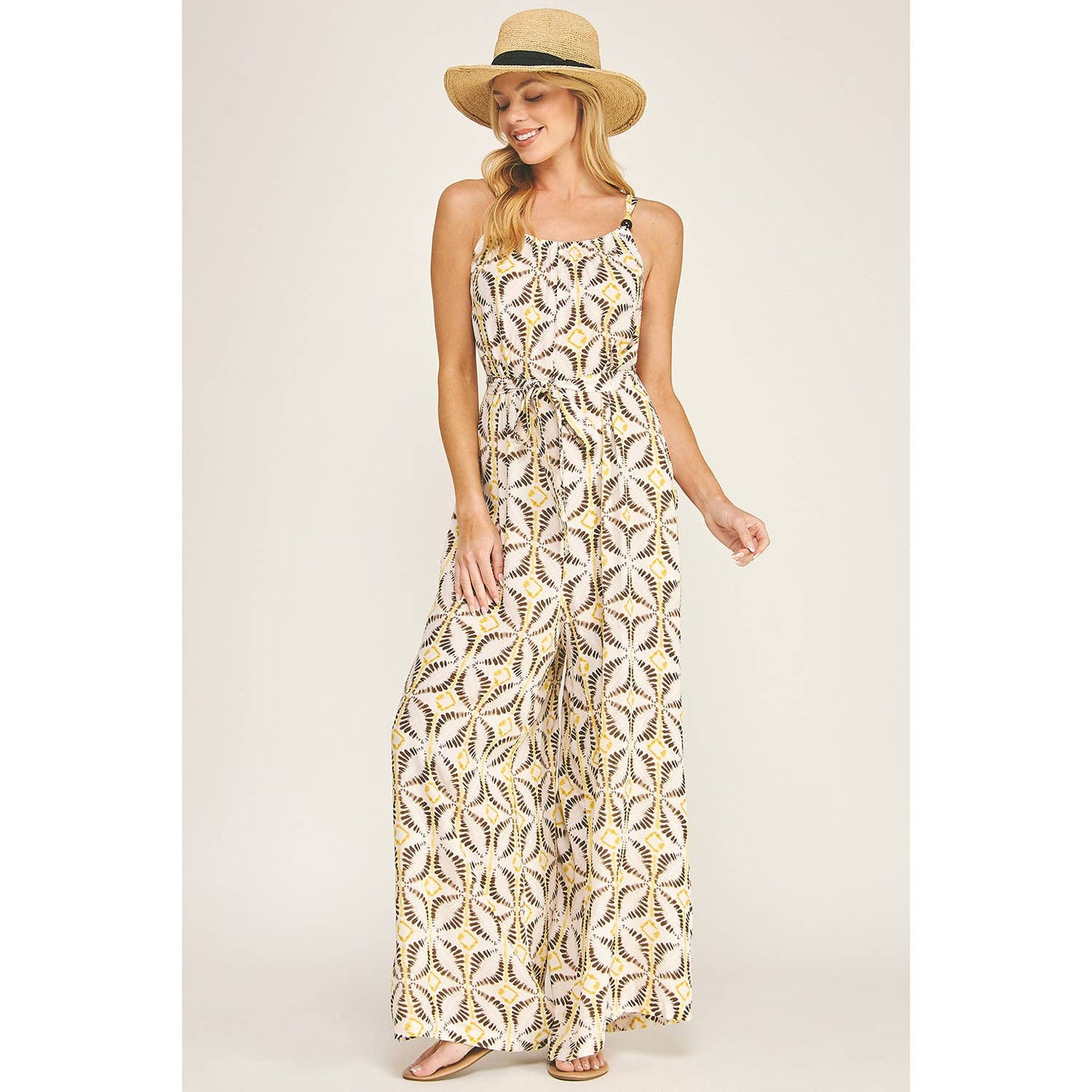 Tie Waist Wide Leg Jumpsuit with Bead Detail