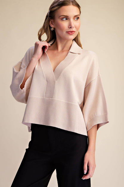 Collar V-Neck Dropped Shoulder Sweater