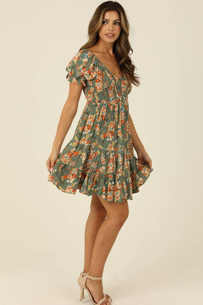 V NECK SMOCKED BODICE SHORT SLEEVE DRESS - Southern Sassy Boutique