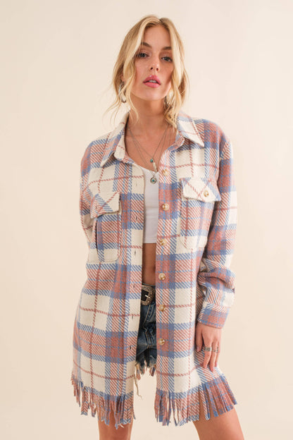 Yarn Dyed Fringe Bottom Button Up Long Shirt Jacket - Southern Sassy Boutique