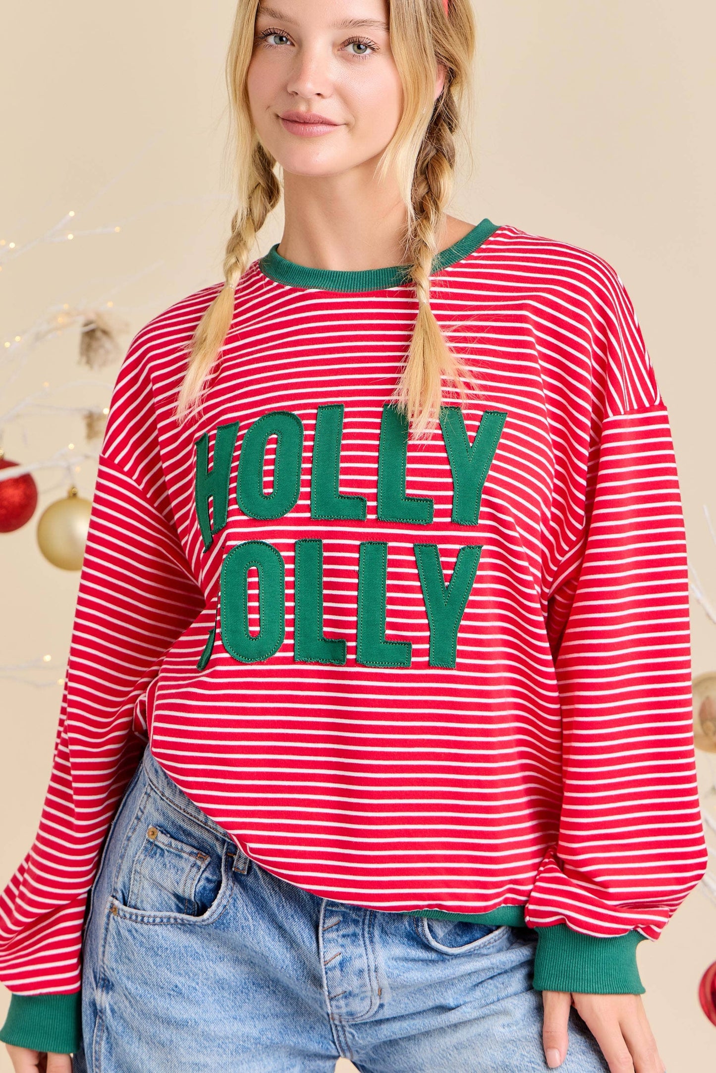 Holly Jolly Patchwork Over Stripe Pullover
