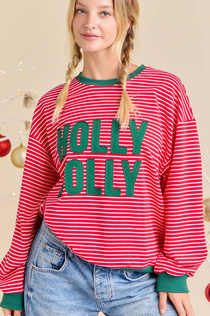 Holly Jolly Patchwork Over Stripe Pullover