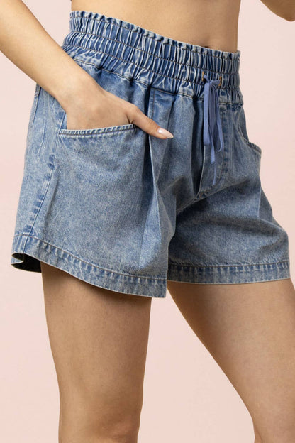 Curvy Elastic Waist Washed Chambray Shorts