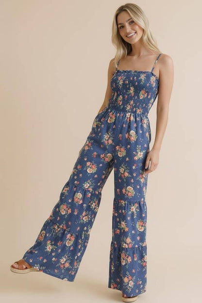 Strap Shoulder Smocking Floral Jumpsuit