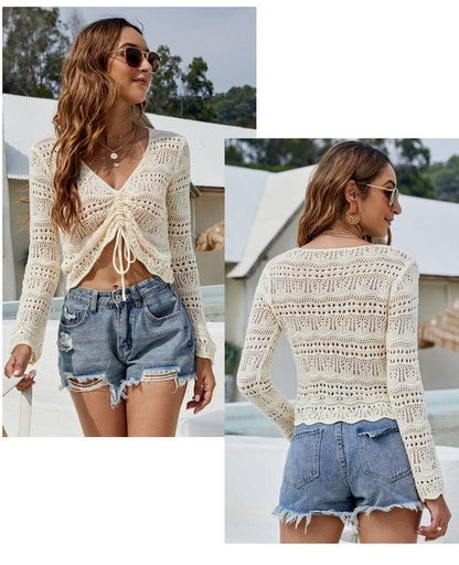 Hollow Knit Drawstring Pullover - Southern Sassy Boutique